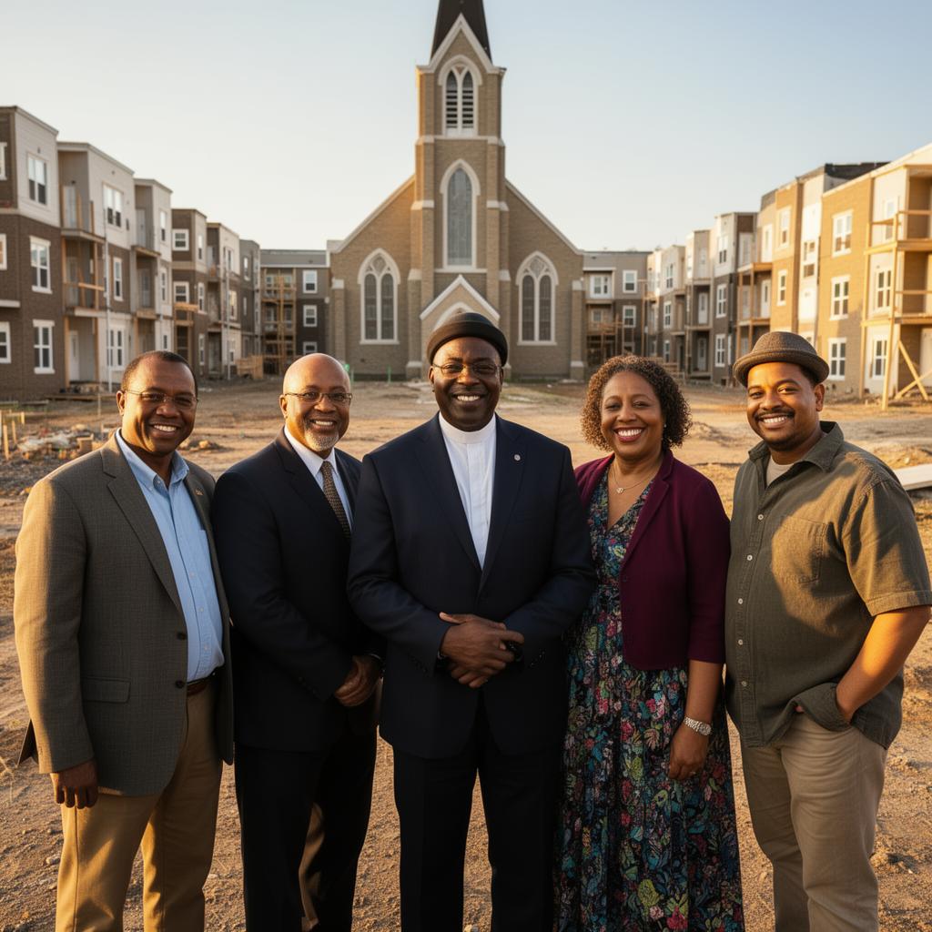 Black community leaders and pastor in front of a revitalization project