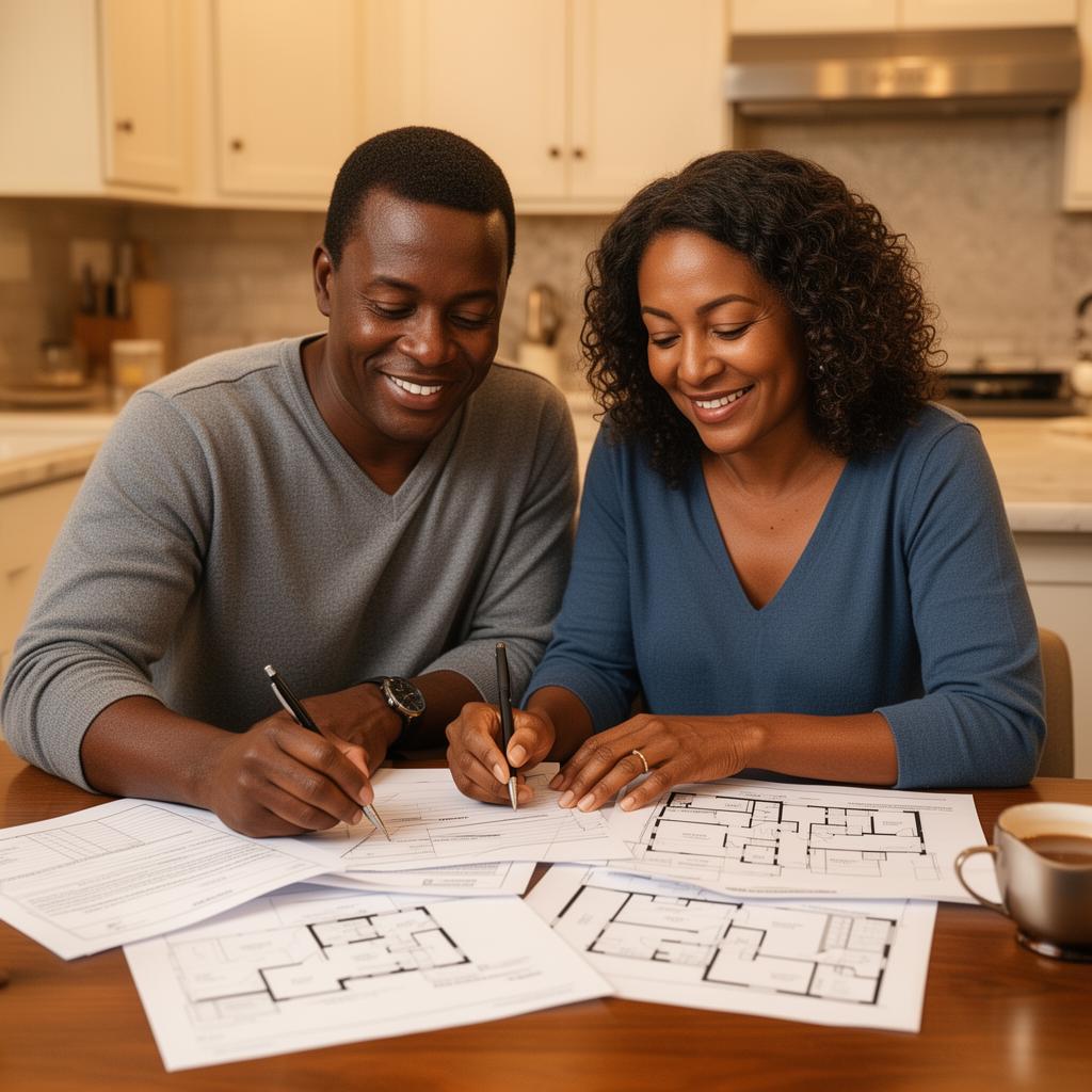 Couple reviewing real estate documents at home