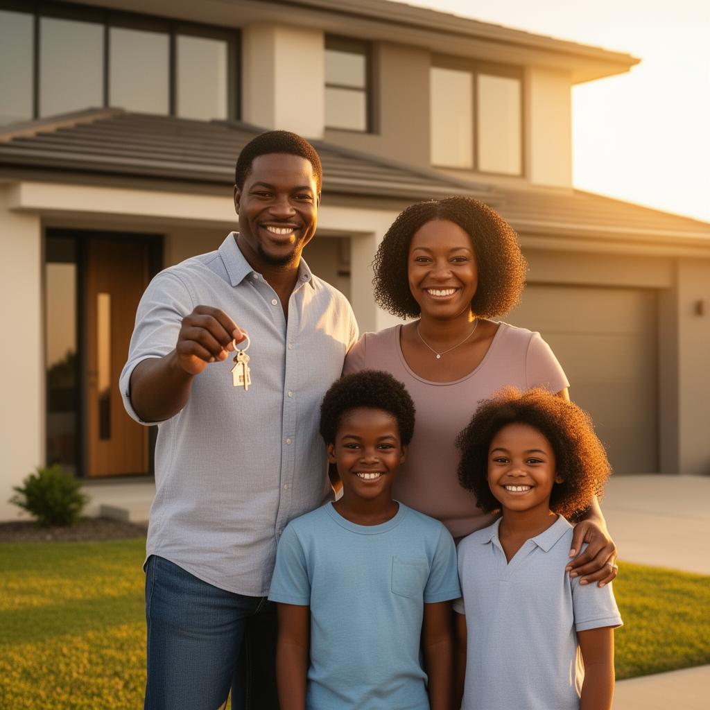 African American family proudly standing in front of their new home