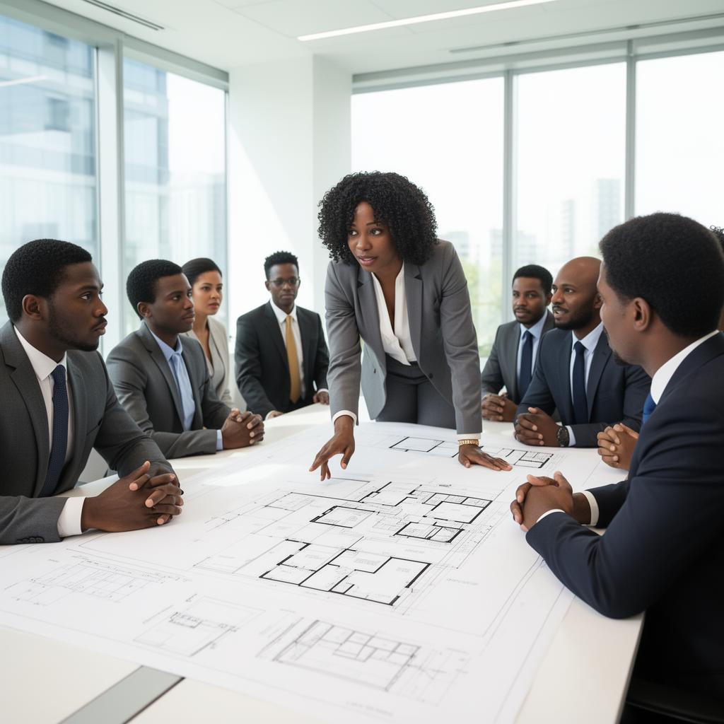 Diverse team of professionals reviewing development plans