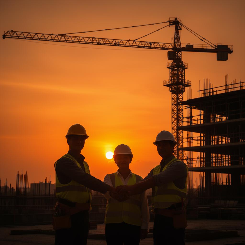 Construction professionals collaborating at sunset